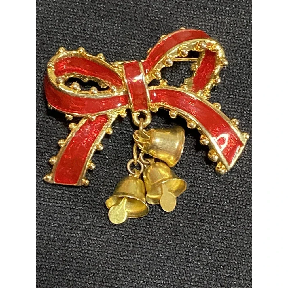 Christmas Gold Tone Red Enamel Ribbon Bow Pin, Brooch With Bells Vintage